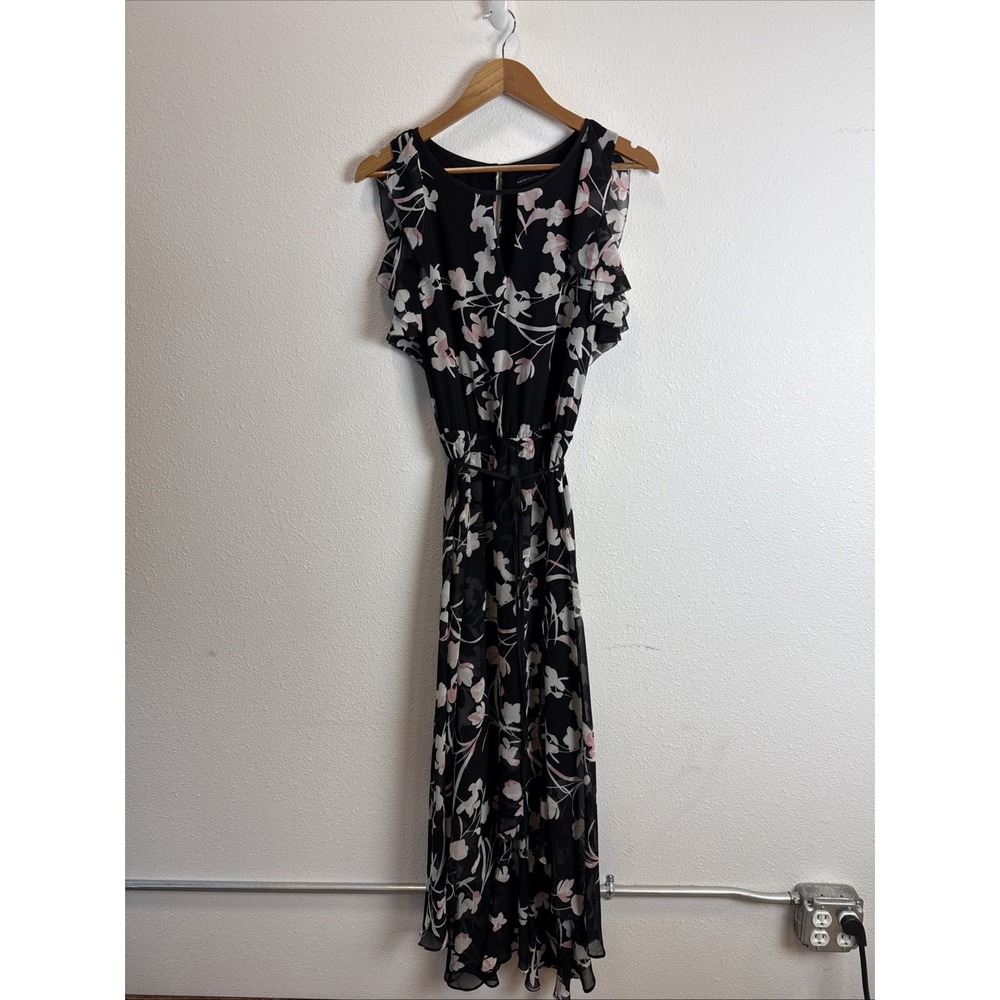White House Black Market Womens 6 Black Froral Flutter Sleeve Chiffon Maxi Dress